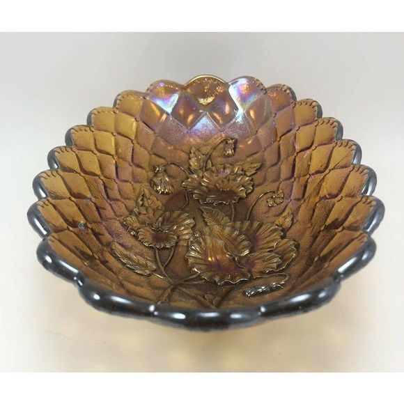 Imperial Pansy Marigold Carnival Glass Dish 8.5" Bowl Quilt Amber‎ Scallop Edge - Picture 4 of 12